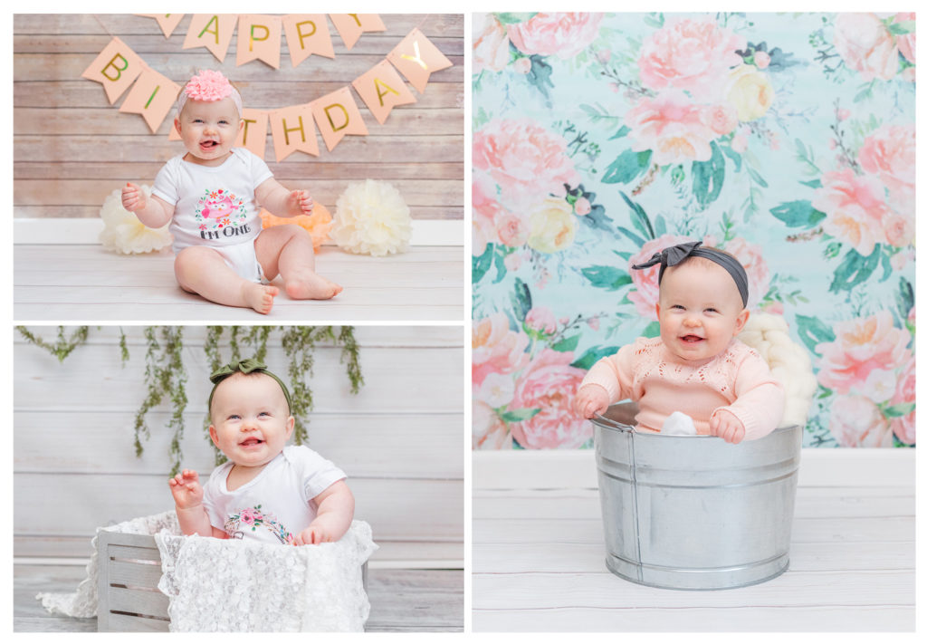 1st birthday session - little girl in a bucket and a wooden crate 