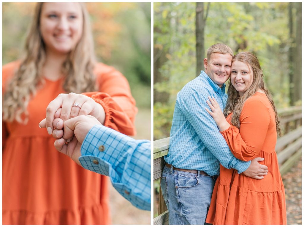couple posing outside in orange and blue for photos