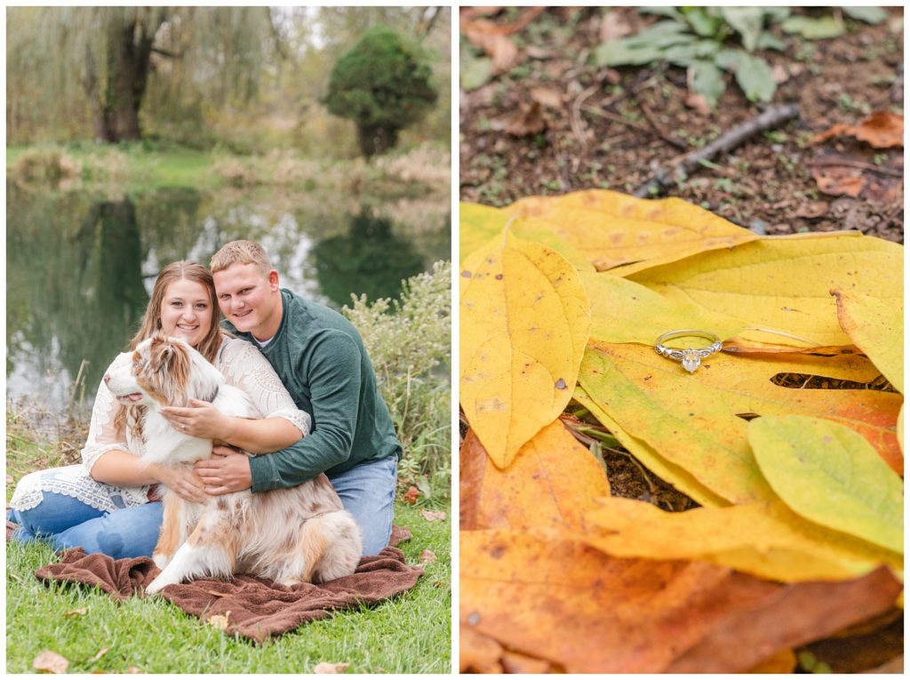 ring on top of orange leaves and a couple posing with their dog