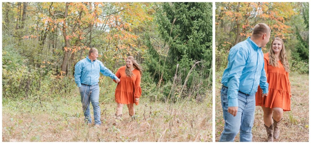 couple posing for fall engagement photos outside