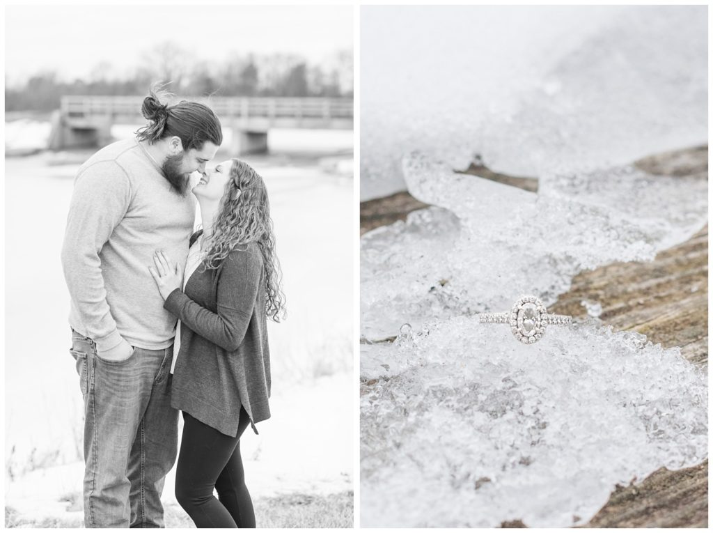 black and white photos of couple looking at each other and close up of engagement ring