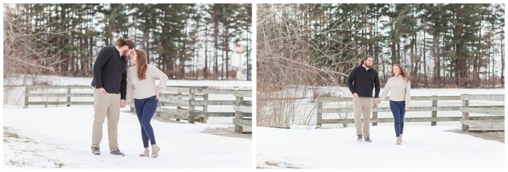 couple walking together in snow during Ohio engagement session
