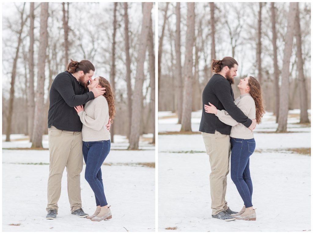 couple holding and looking at each other for Ohio engagement session