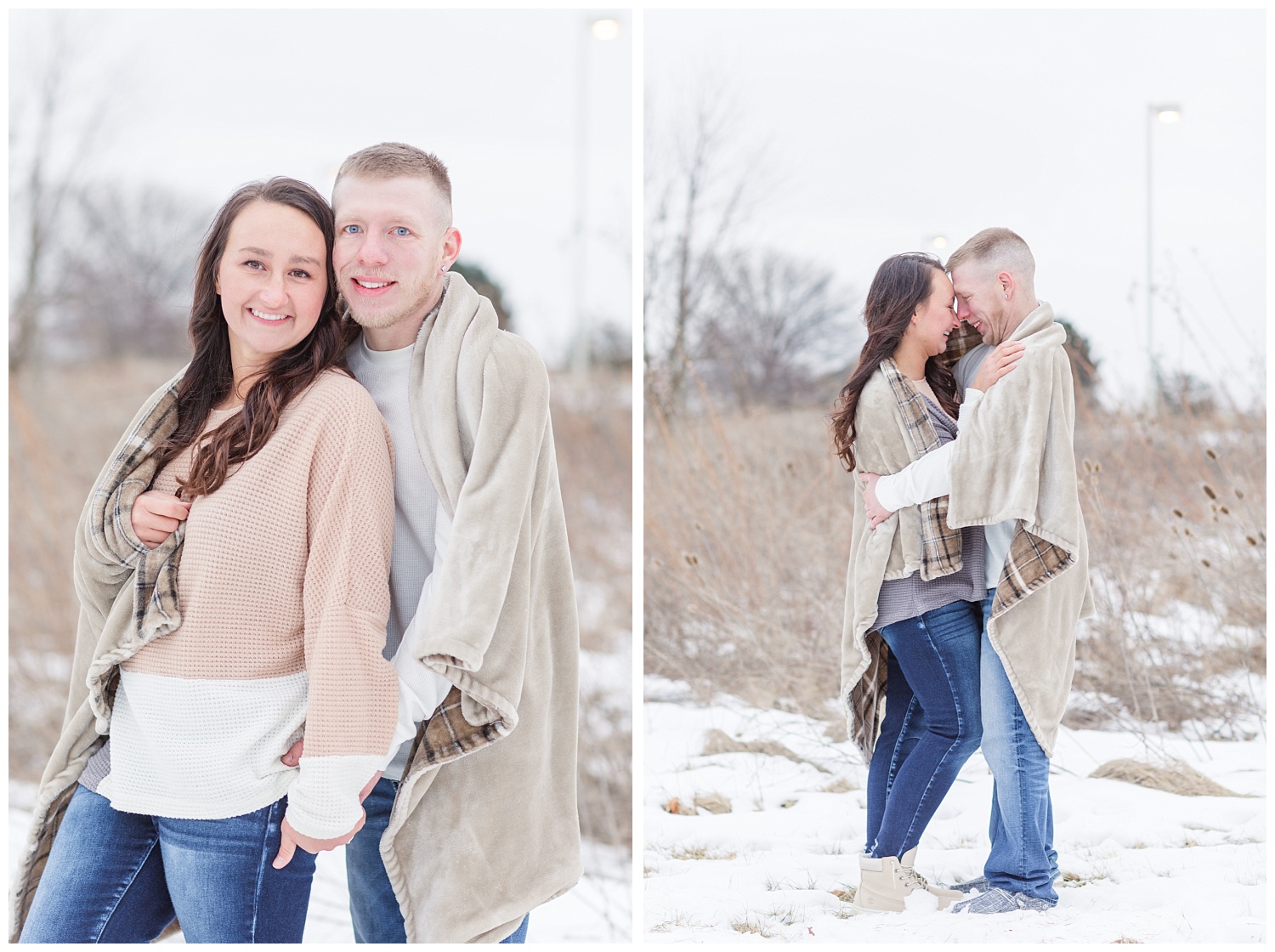 couple posing with a blanket outside among snow