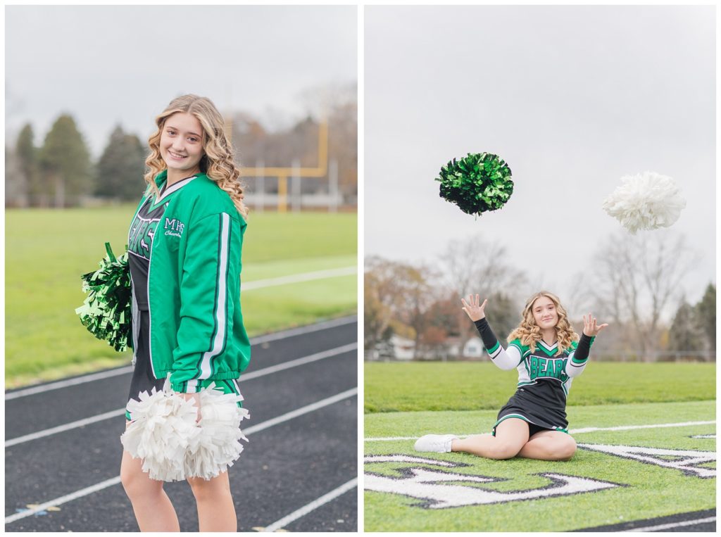 cheerleader throwing her shakers up in the air for senior photos