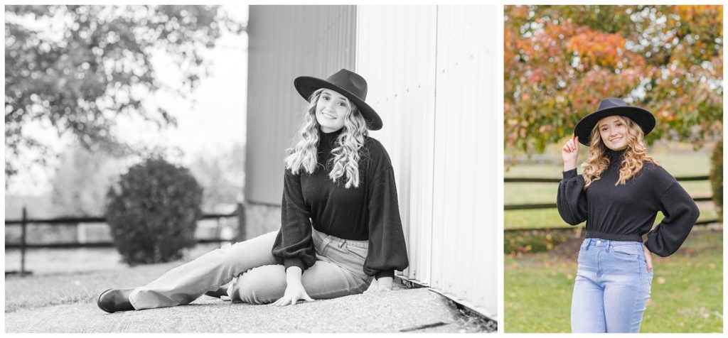 senior girl wearing a black top and hat for fall senior photos