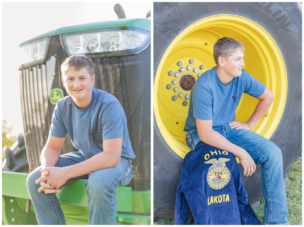 Ohio senior boy posing on top of his tractor on a farm