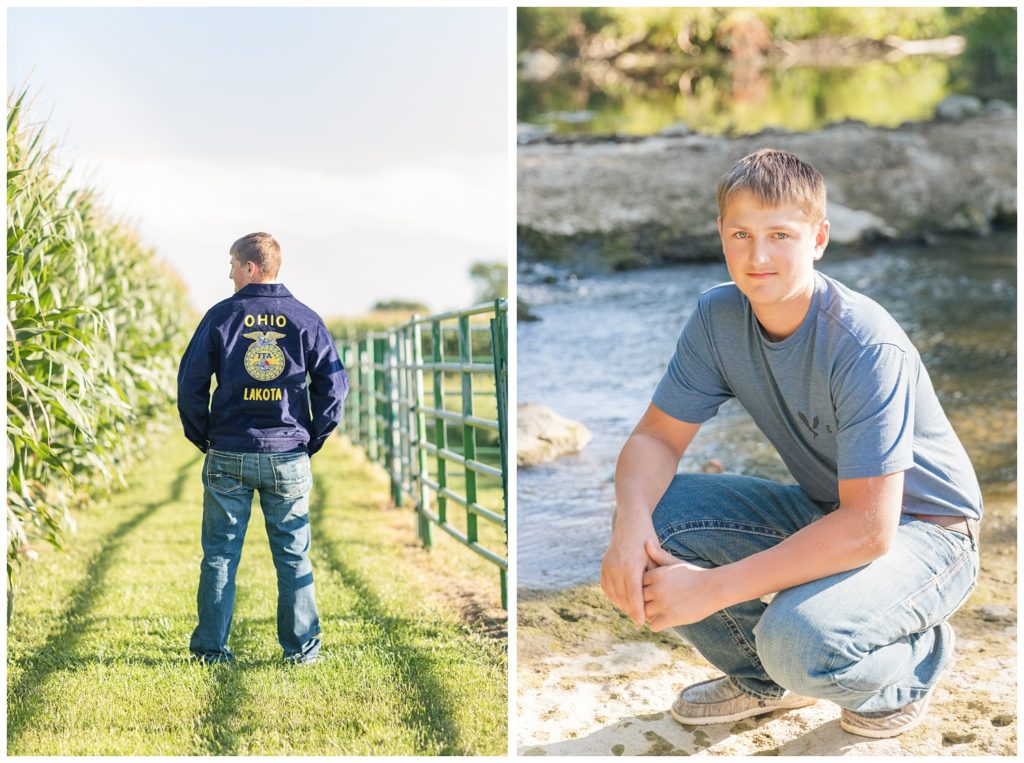 the back of a boy standing next to a cornfield for senior photos