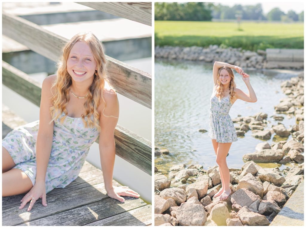 girl posing on rocks next to a lake for senior photos in Ohio