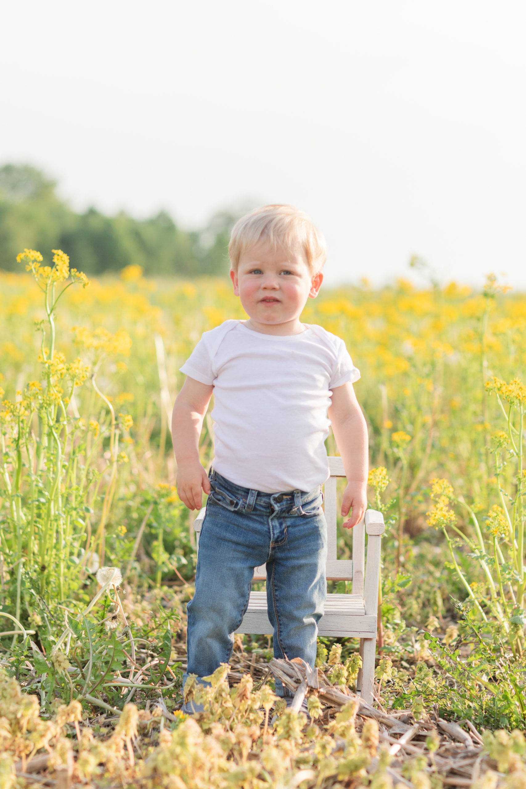 little boy standing in a yellow field
