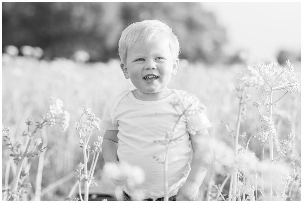 little boy smiling in a field for birthday photos