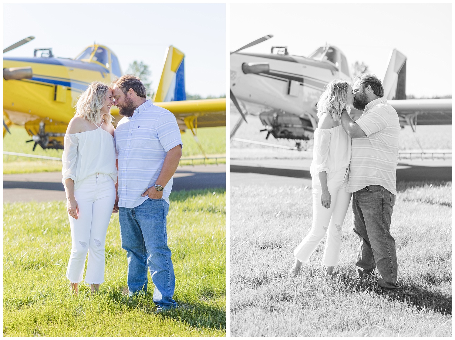 couple kissing in front of a yellow airplane