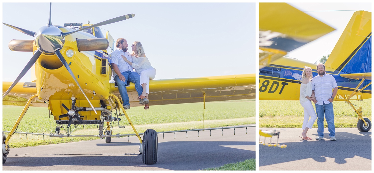 couple posing on top of a yellow airplane wing in Ohio