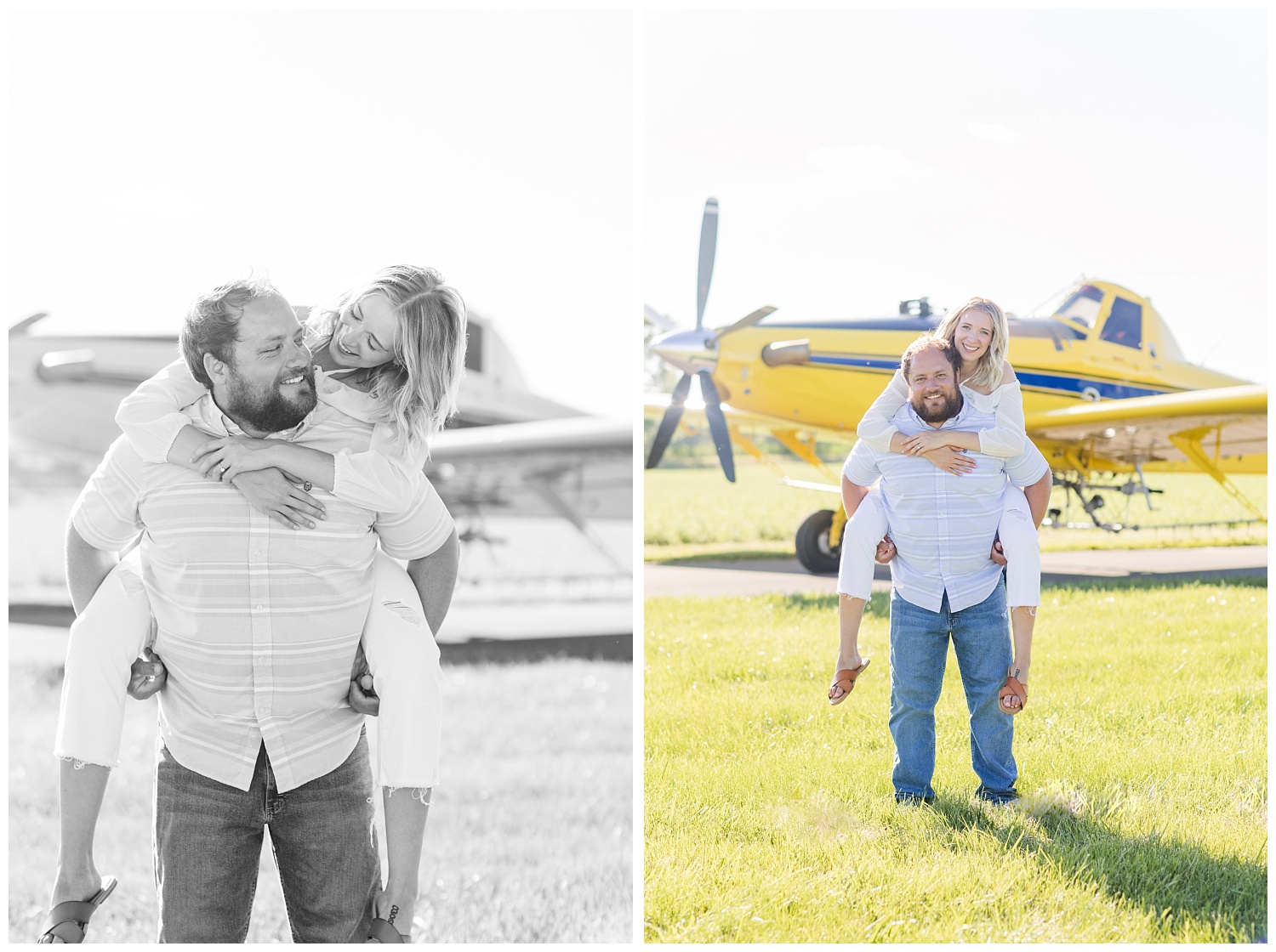 bride piggybacking on groom during airplane engagement session