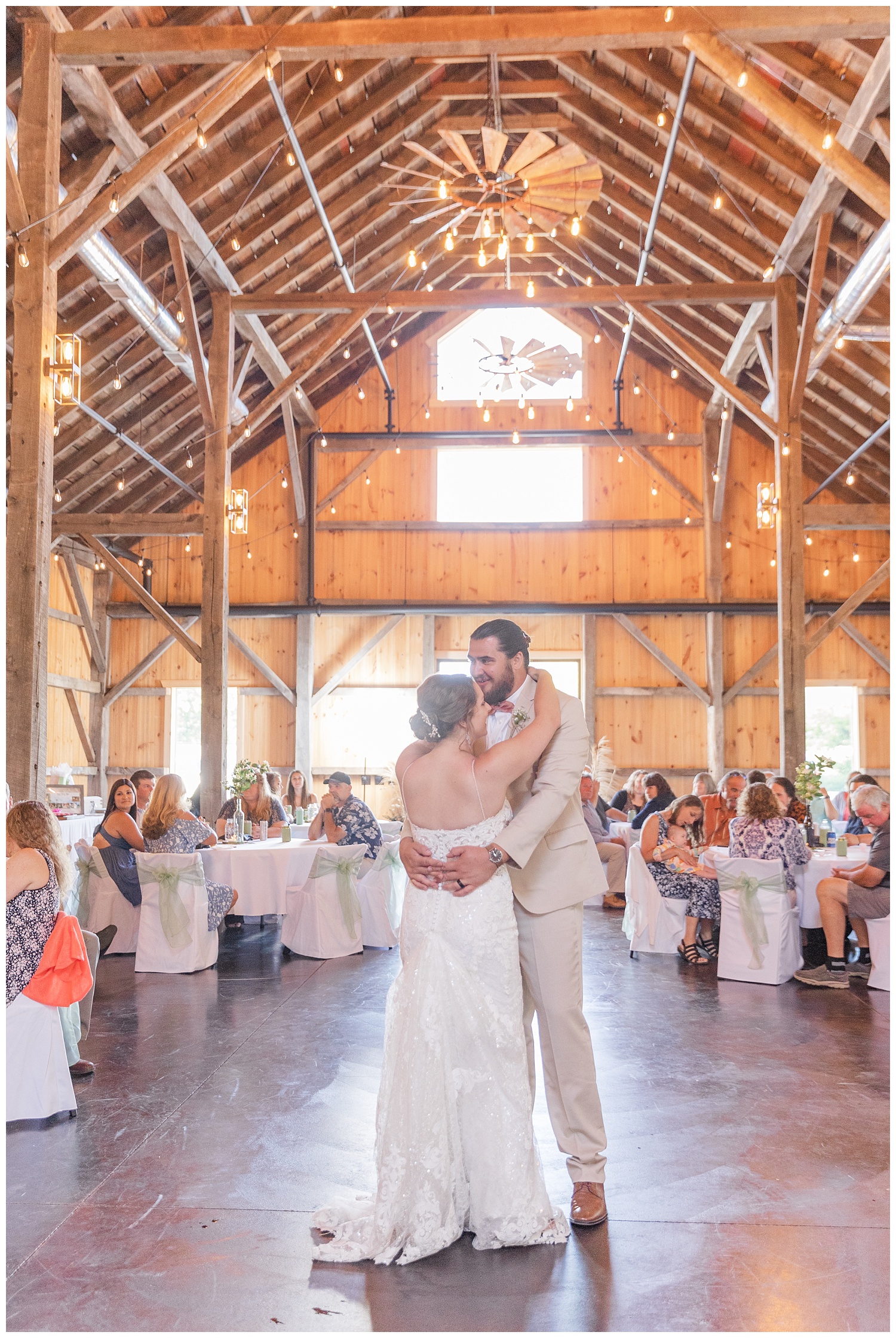 bride and groom's first dance at the Village Barn in Ohio