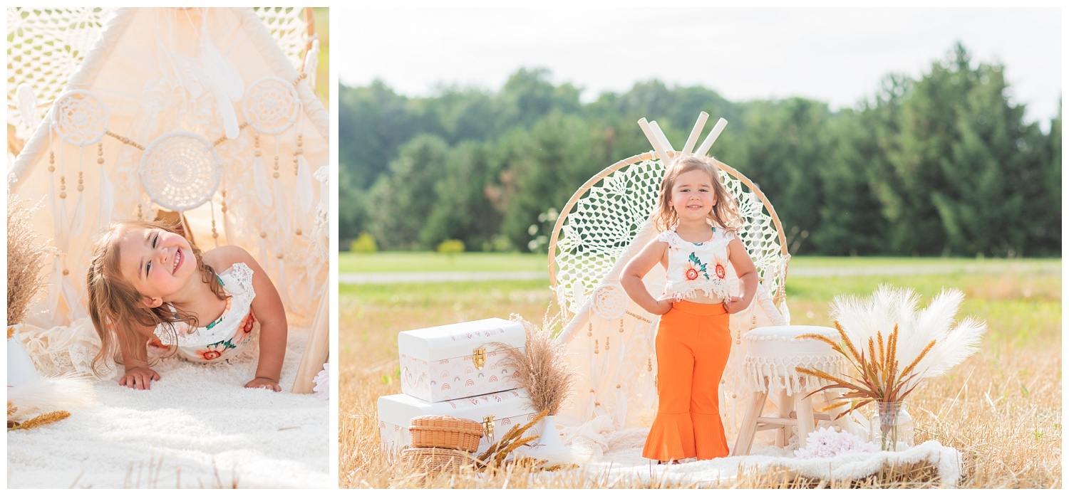 girl posing with boho props at third birthday session