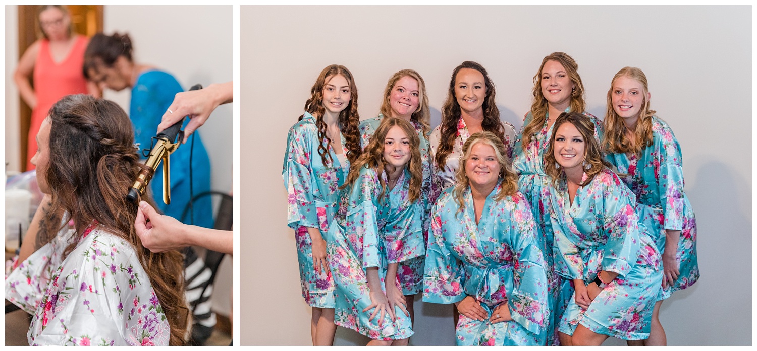 bride and bridesmaids posing in blue robes
