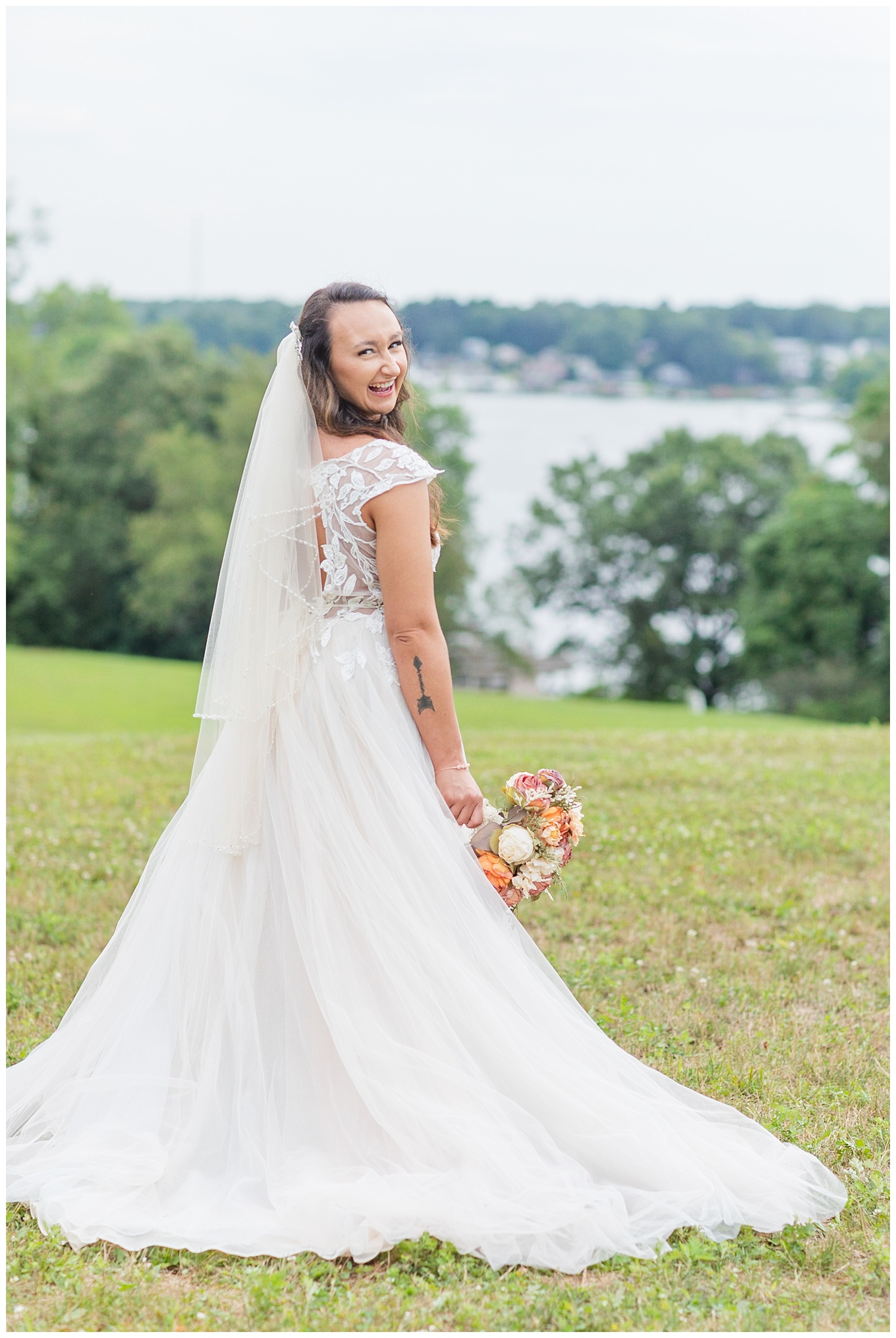 bride turning to laugh at wedding in Ohio
