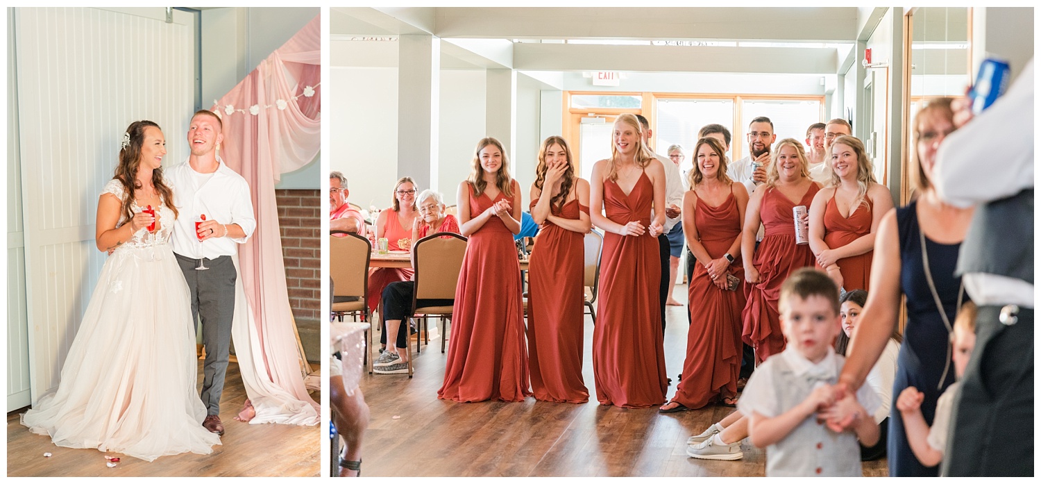 bridesmaids looking on during wedding toast speeches