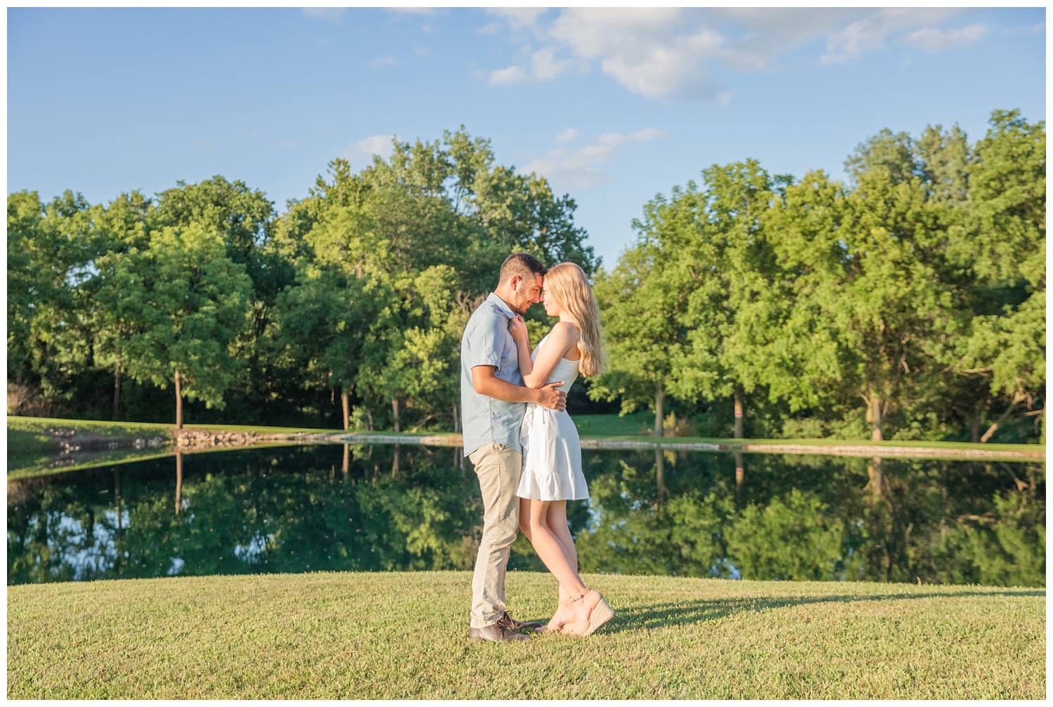 couple standing in the sun at engagement session in Green Springs, Ohio