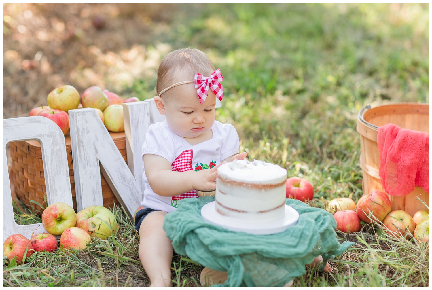 toddler trying her cake at birthday session at apple orchard