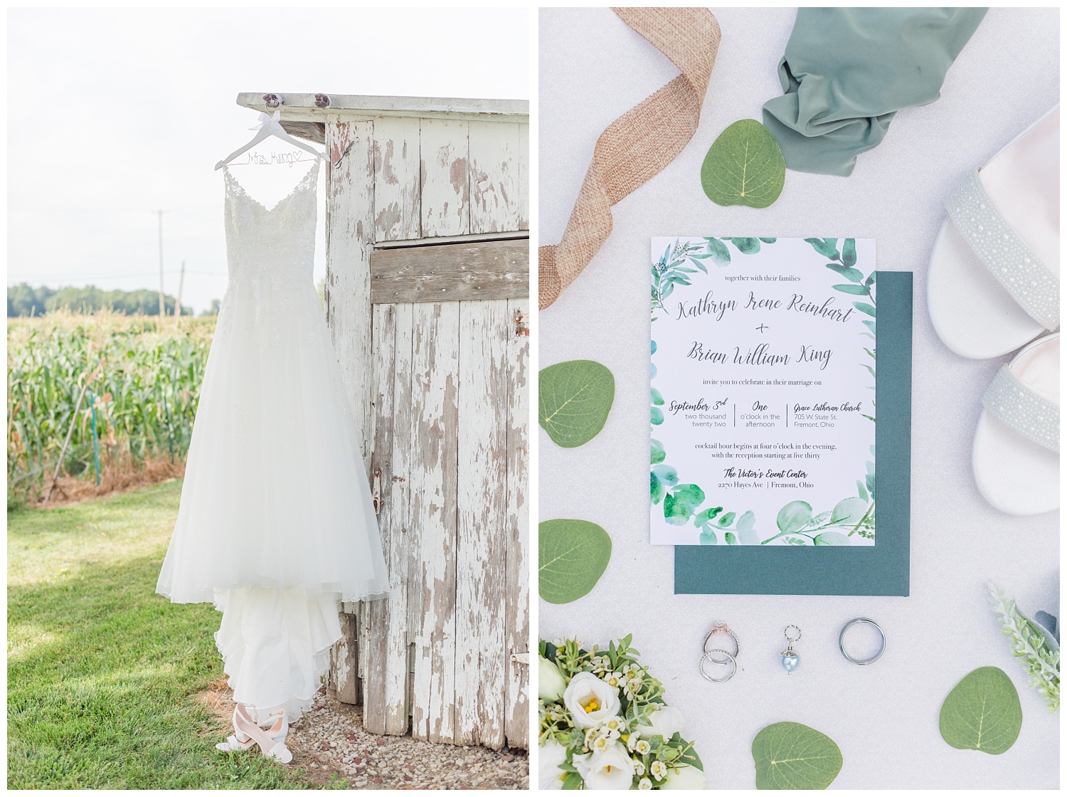 wedding dress and bridal details at white barn