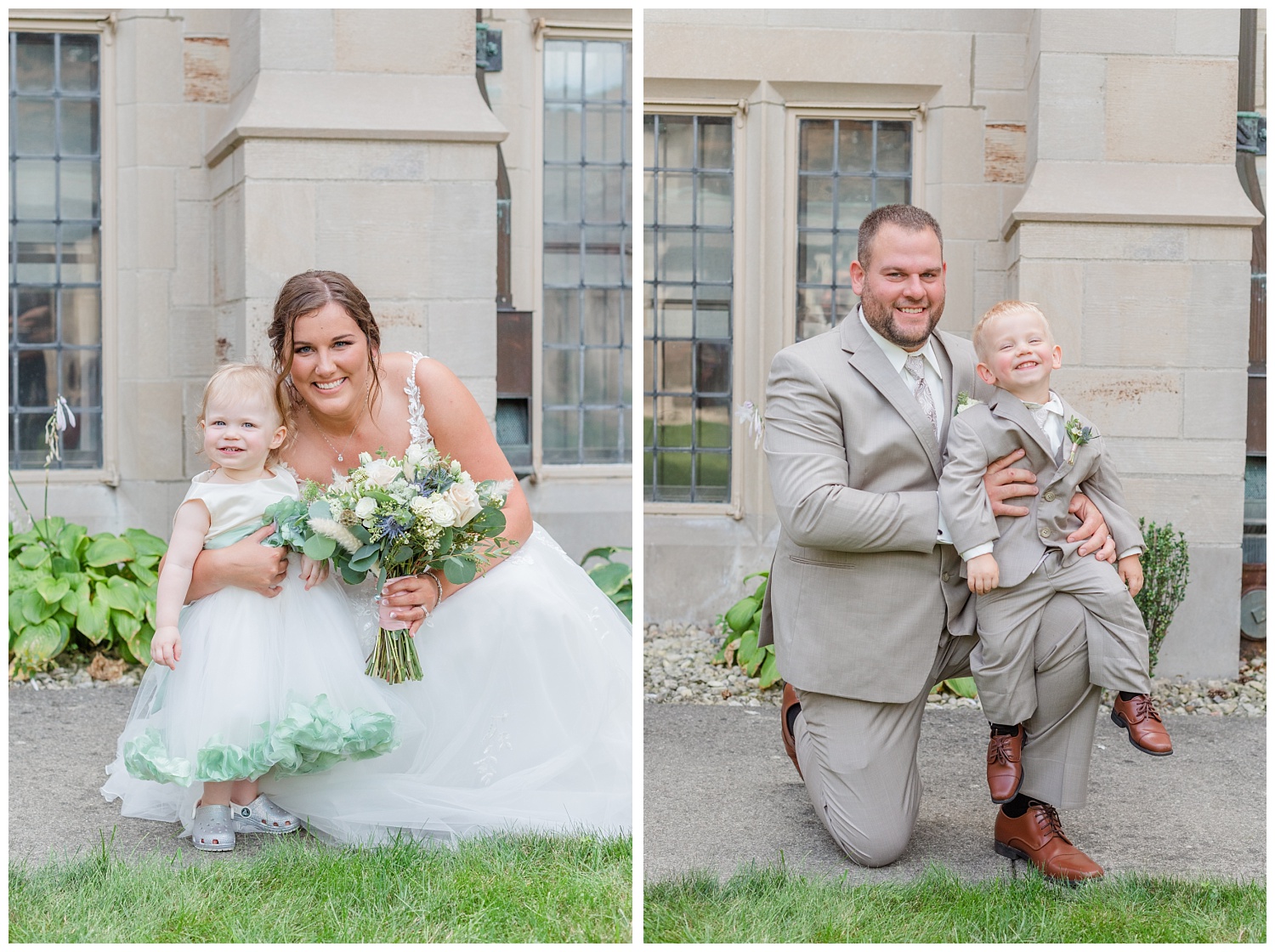 bride and groom posing with the flower girl and ring bearer