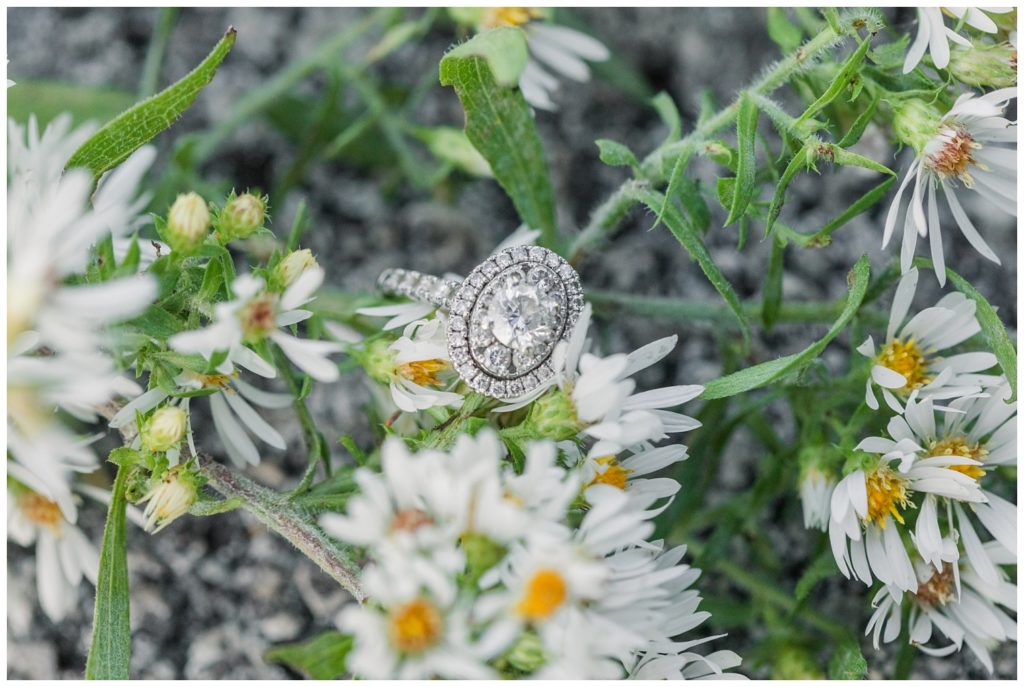 engagement ring sitting on top of white flowers in Ohio