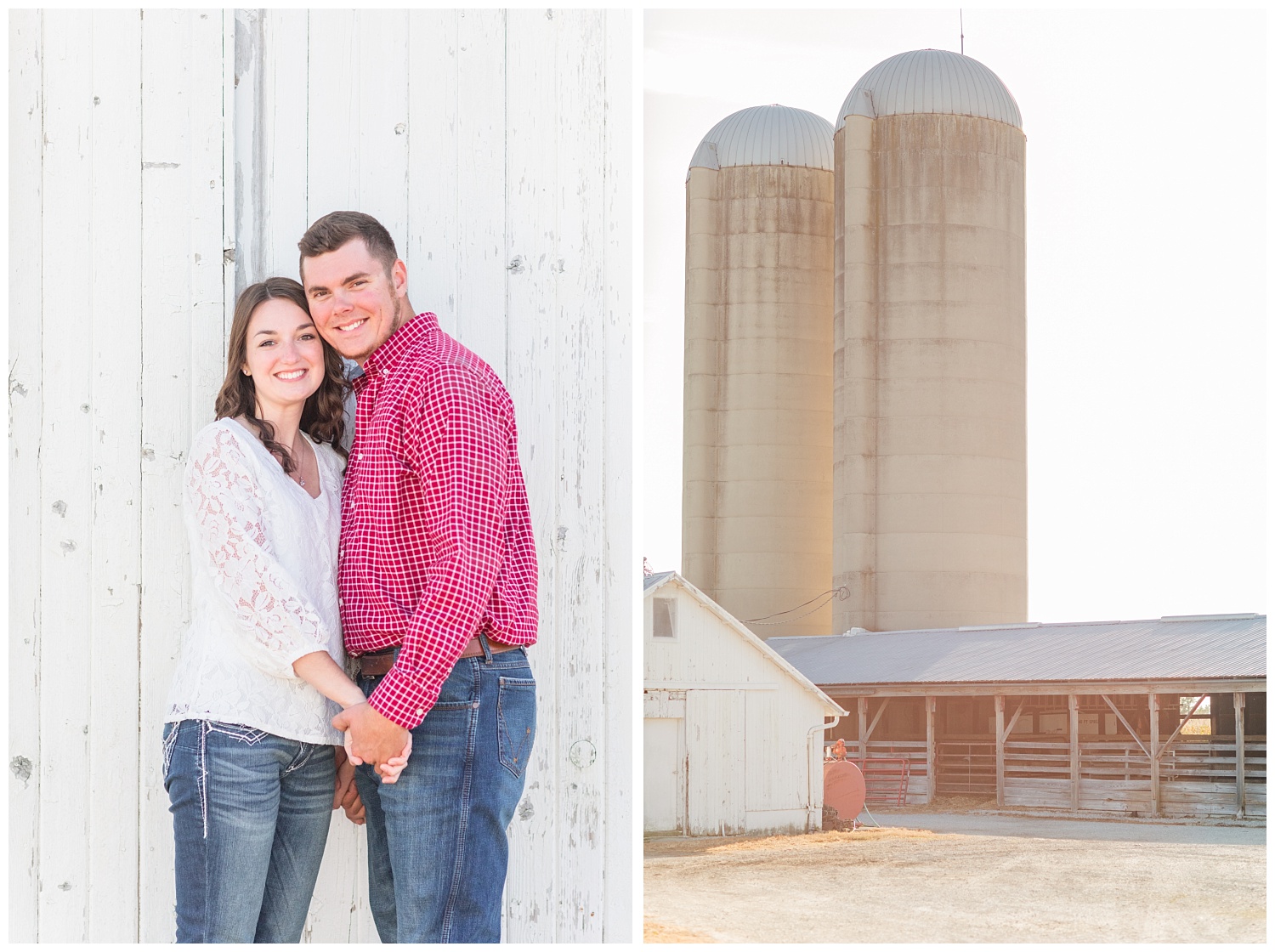 engaged couple standing in front of a white barn in northwest Ohio