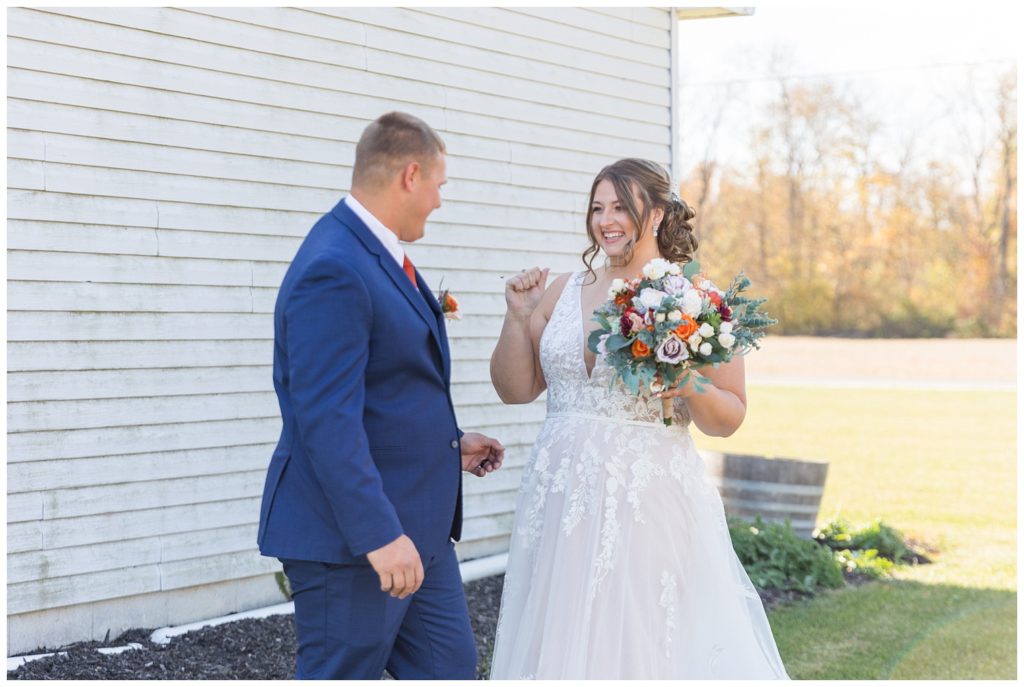first look between bride and groom in Fostoria, Ohio