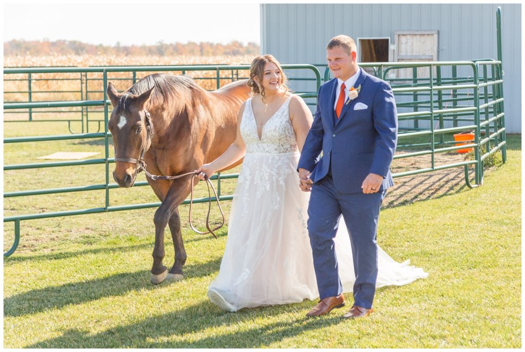bride and groom posing with horses before the wedding in Fostoria, Ohio
