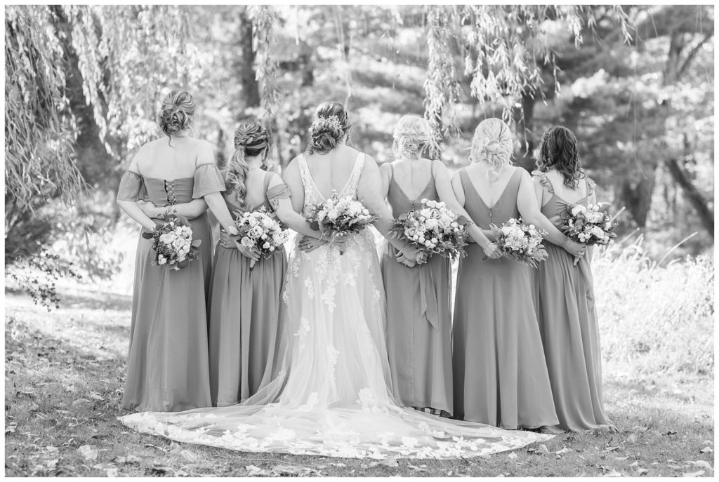 bride and bridesmaids with their backs to the camera in a field in Ohio