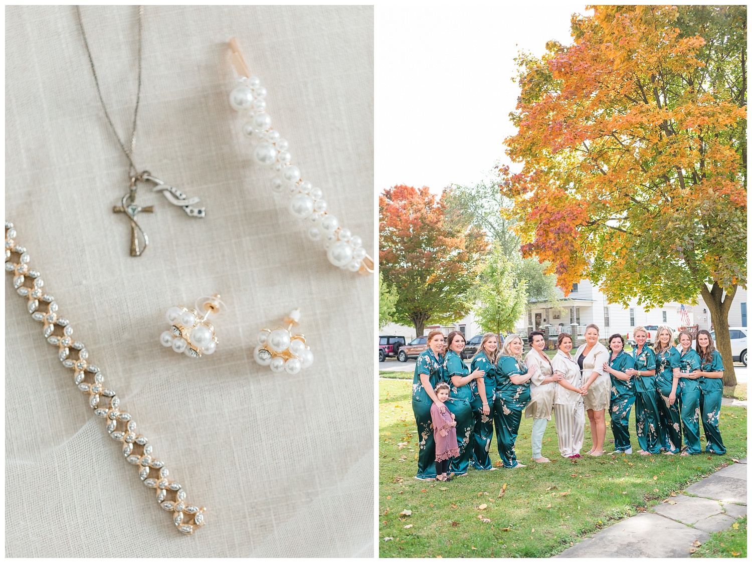 bride's details of earrings, bracelet, and necklace at Ohio wedding
