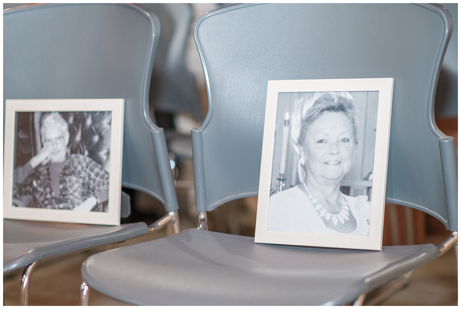 framed photos of family members at wedding ceremony