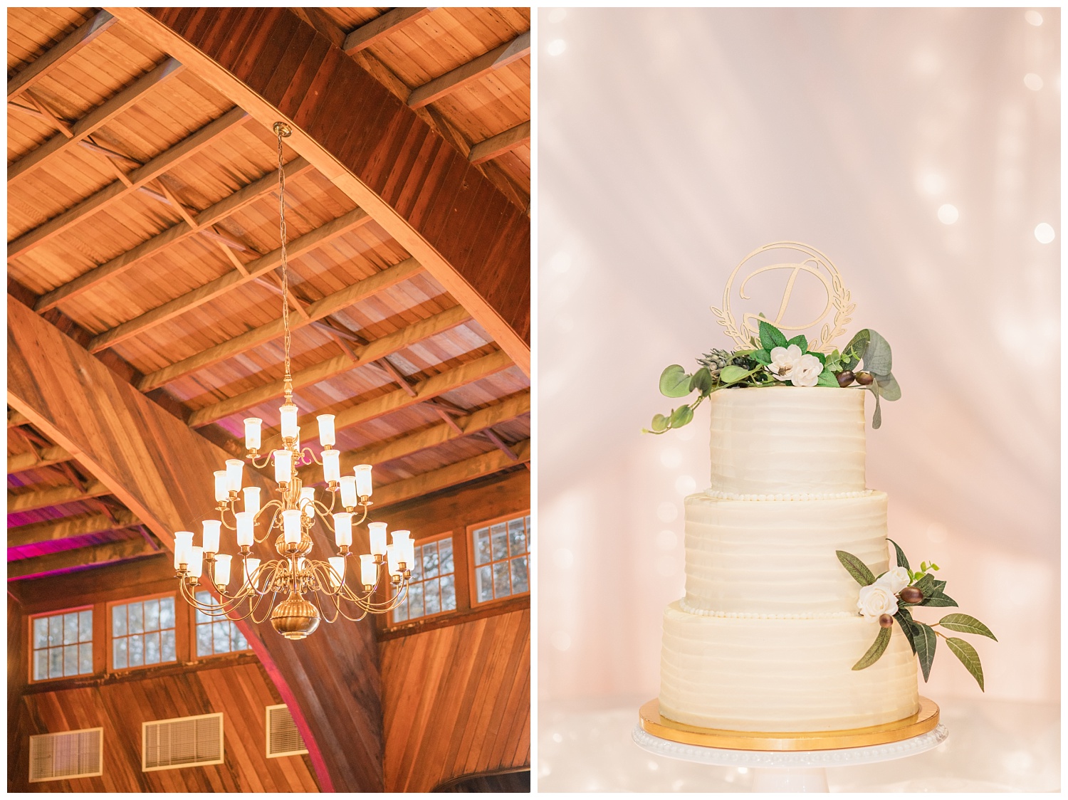 cake and chandelier details at Meadowview Park wedding reception