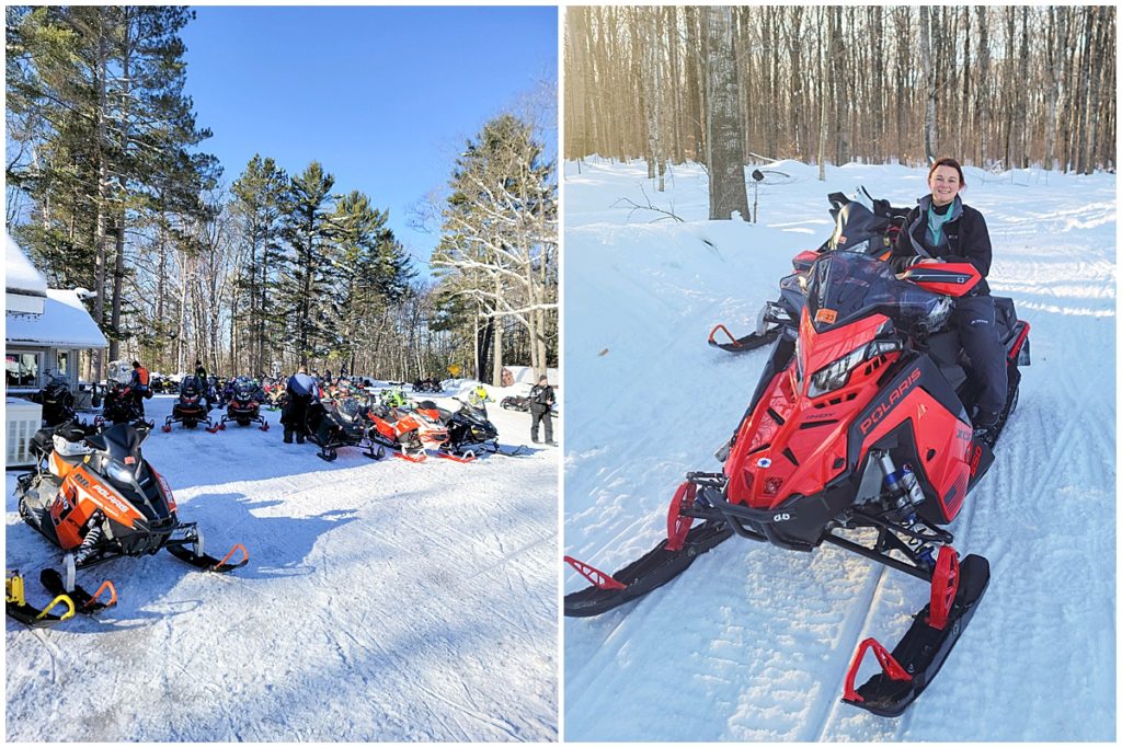 Diana sitting on snowmobile at Buck Horn Restaurant in the Upper Peninsula