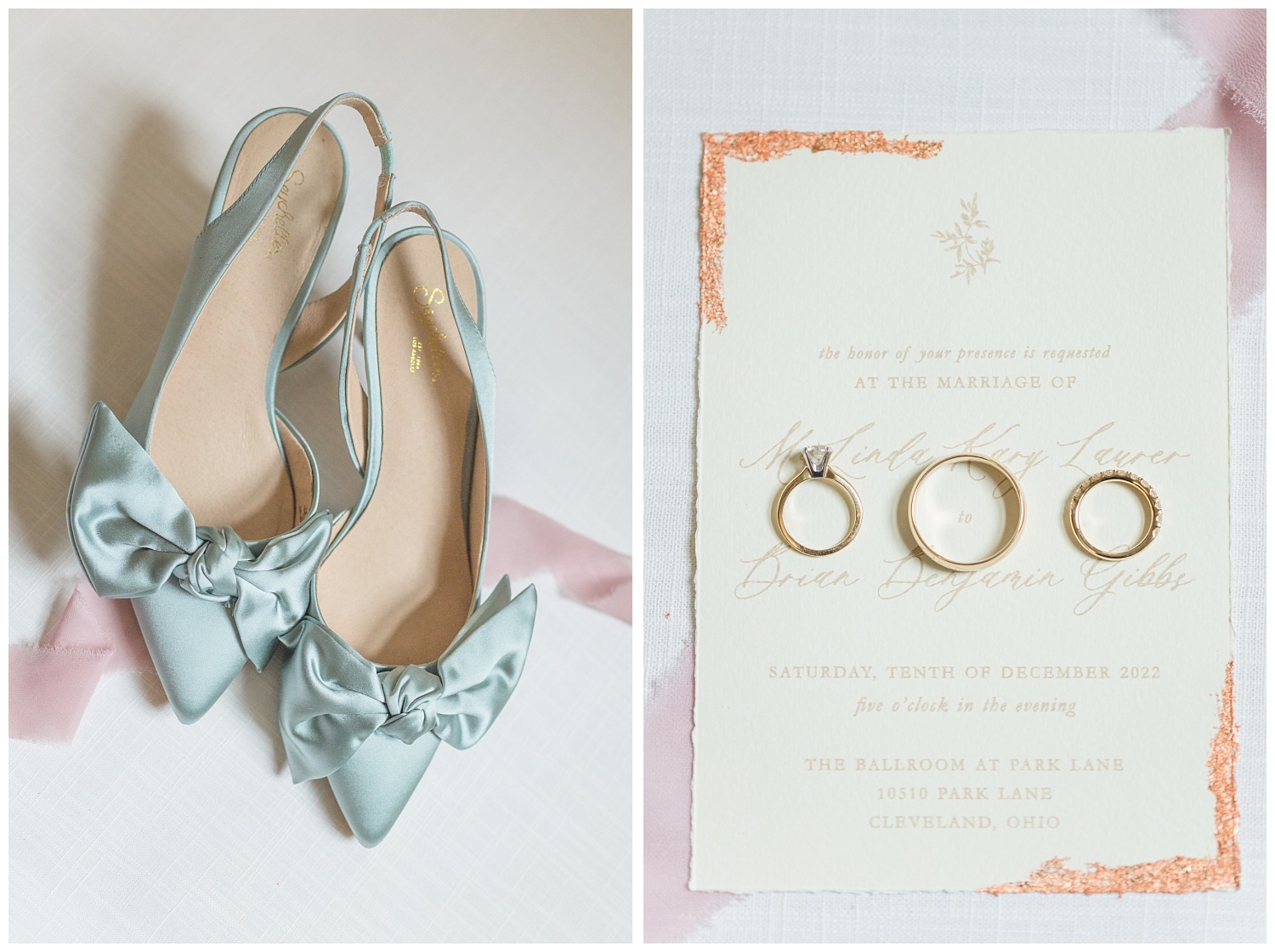 blue wedding shoes sitting on top of pink ribbon