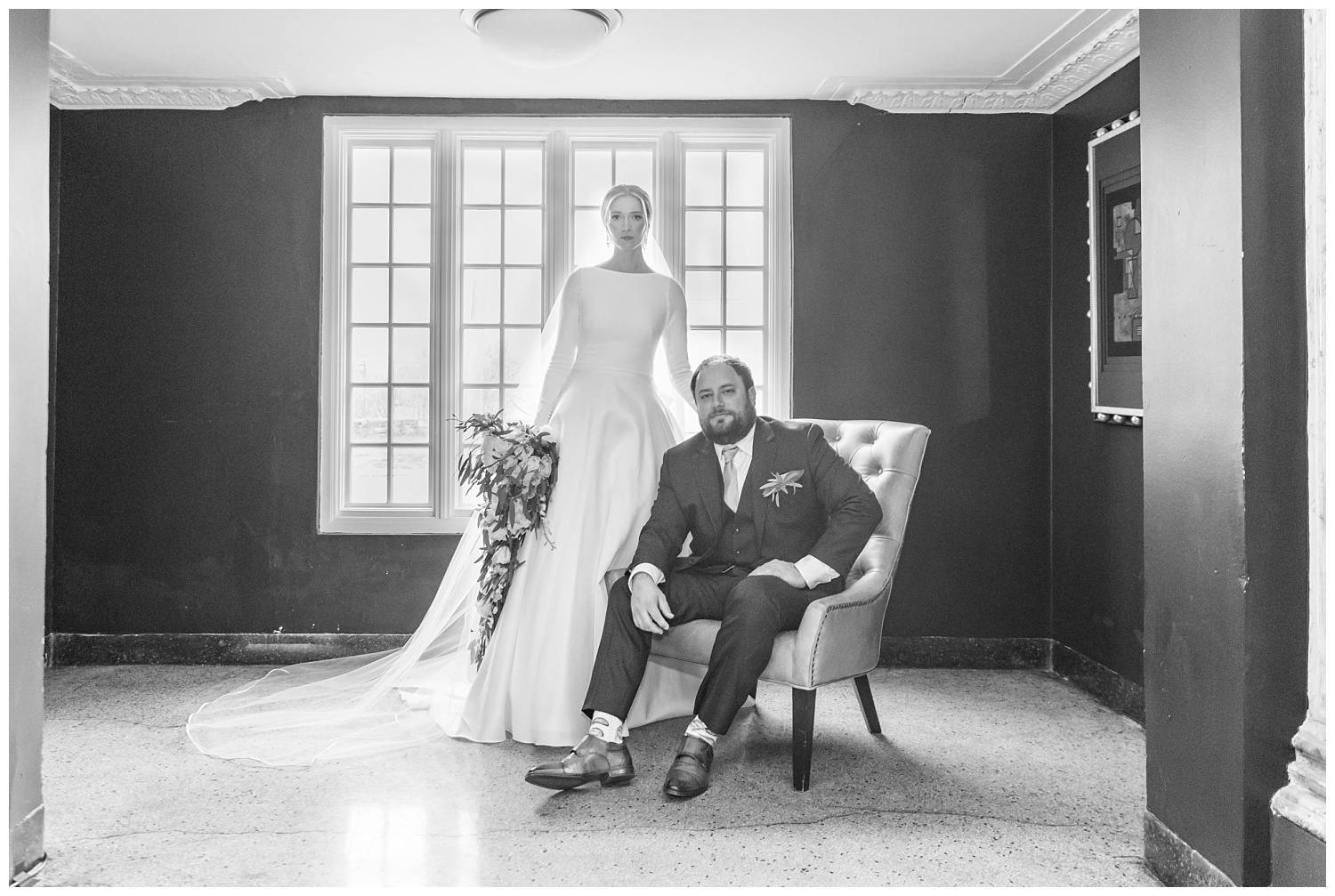 bride and groom portraits in the lobby at the Ballroom at Park Lane