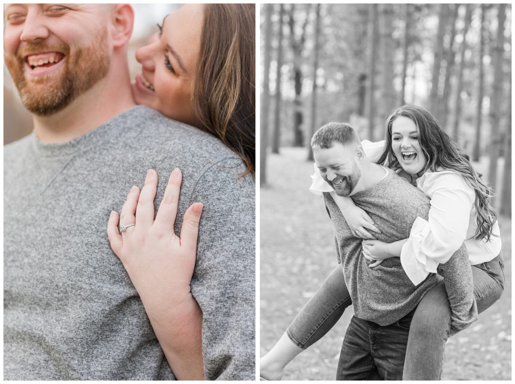 couple piggybacking during engagement session in Ohio