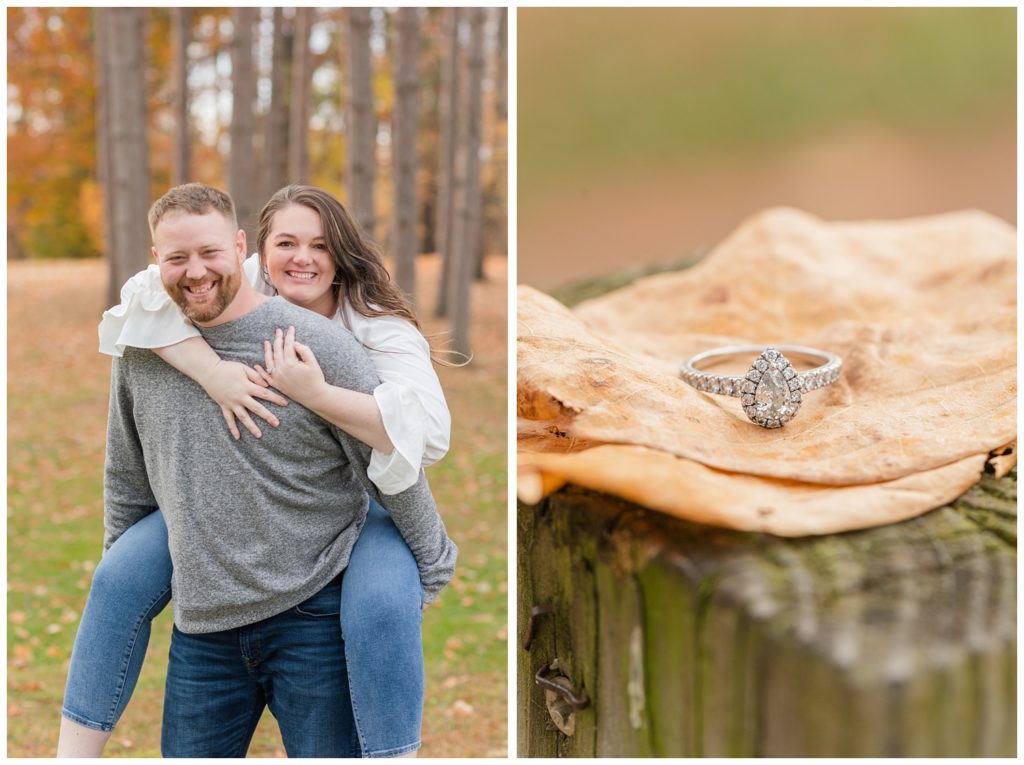 engagement ring sitting on a brown leaf in northwest Ohio