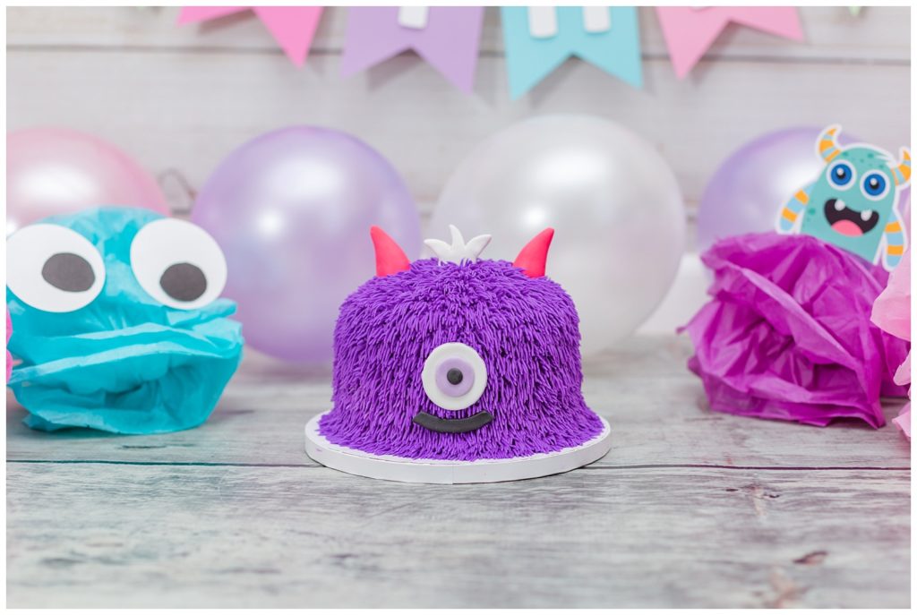 purple monster smash cake at birthday photo session