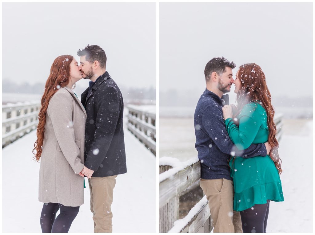 engaged couple kissing on a bridge at snowy winter Ohio photo session