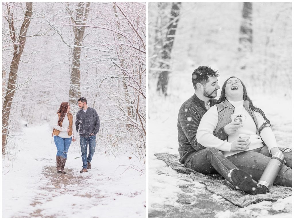 couple sitting in the snow with coffee mugs at engagement session in Ohio
