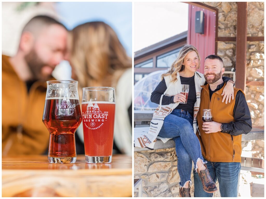 couple sitting in a brewery in Northwest Ohio for engagement session