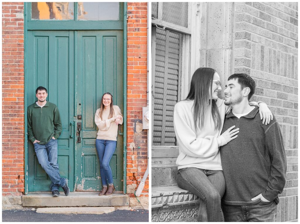 engaged couple sitting in a green door frame in downtown Tiffin