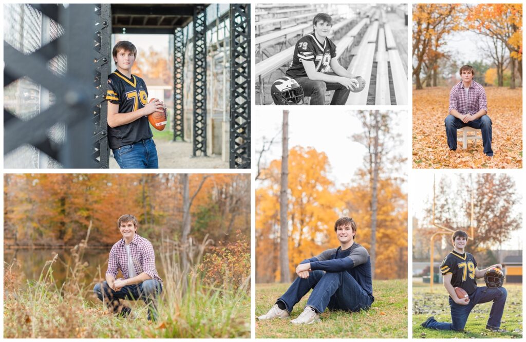 senior boy squatting in a field for fall session