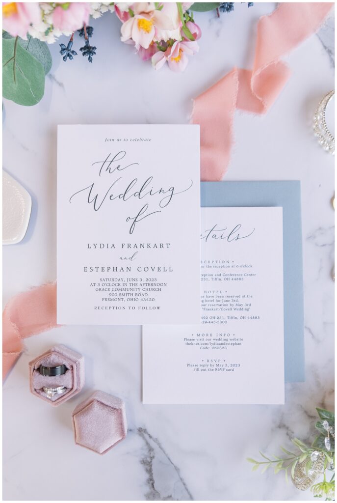 flat lay details of wedding in Tiffin, Ohio