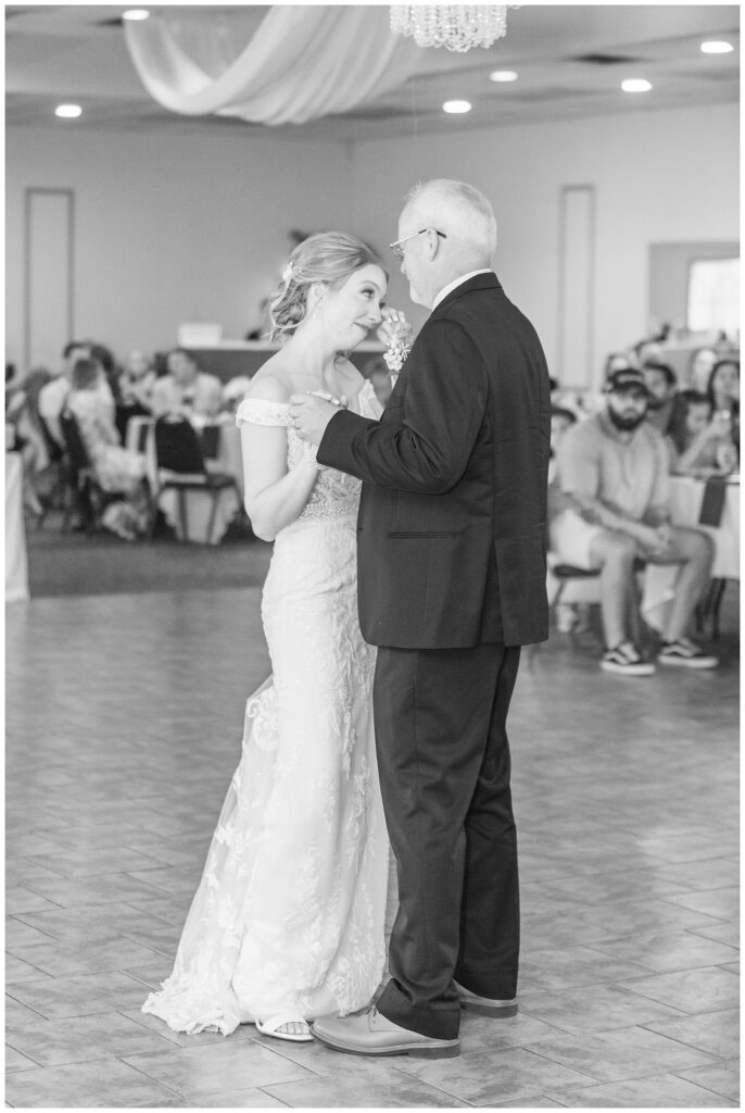 bride and dad dancing at summer wedding reception in Tiffin, Ohio