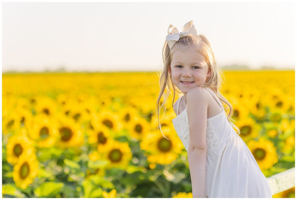 little girl standing above a sunflower field in Ohio