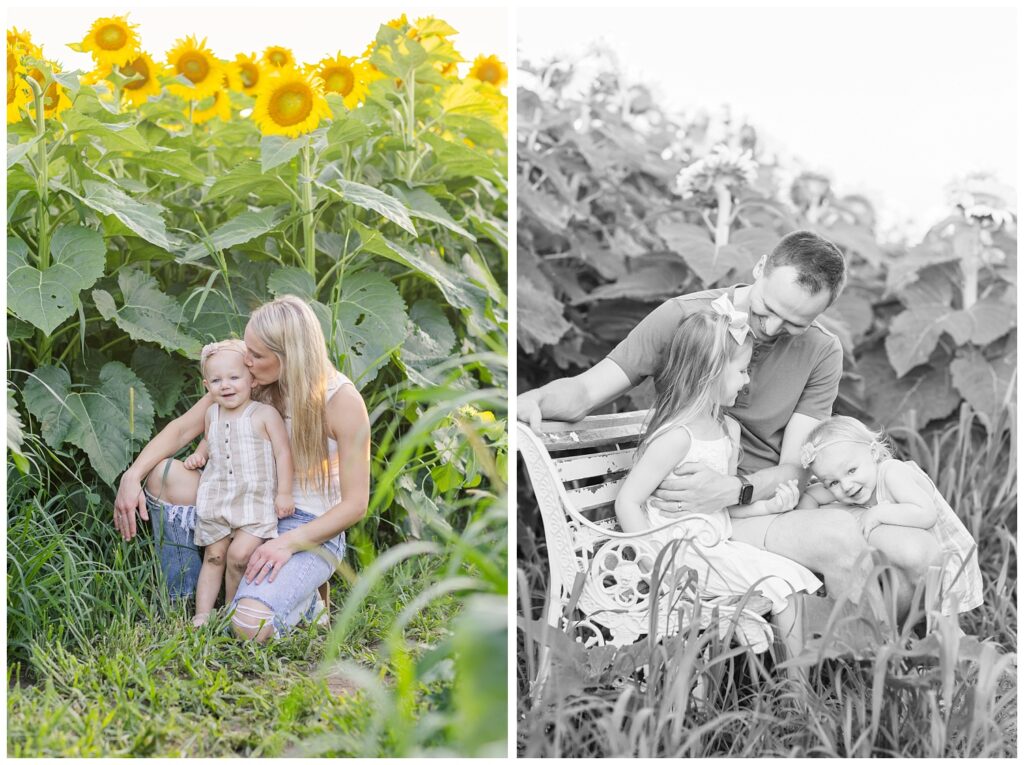 family sitting on a bench in a sunflower field